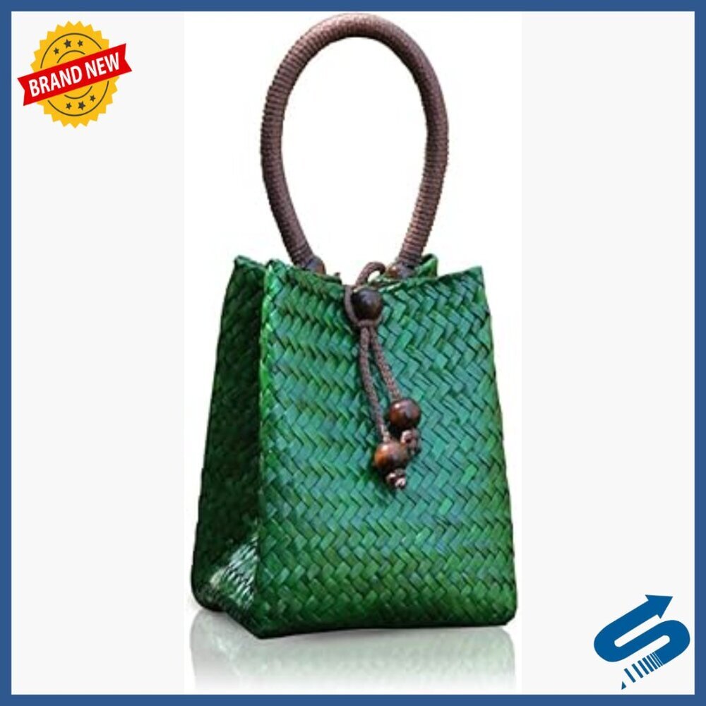 Mini Rattan Tote Bag with Wood Bead Tassel, Handwoven Straw Beach Bag
